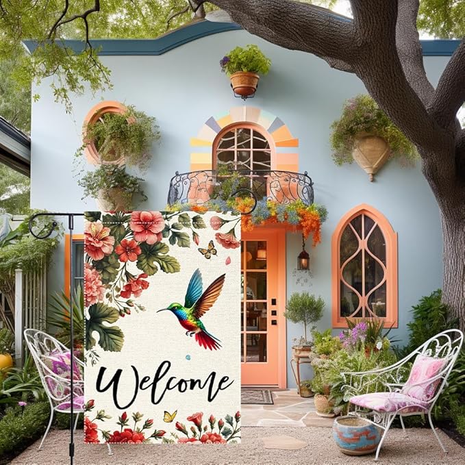 Welcome Hummingbird Garden Flag Outdoor Decor 12x18 Inch Double Sided Small Burlap Yard Outside Lawn Patio Rustic Farmhouse Seasonal Wildflowers Spring Summer Flags Decorations
