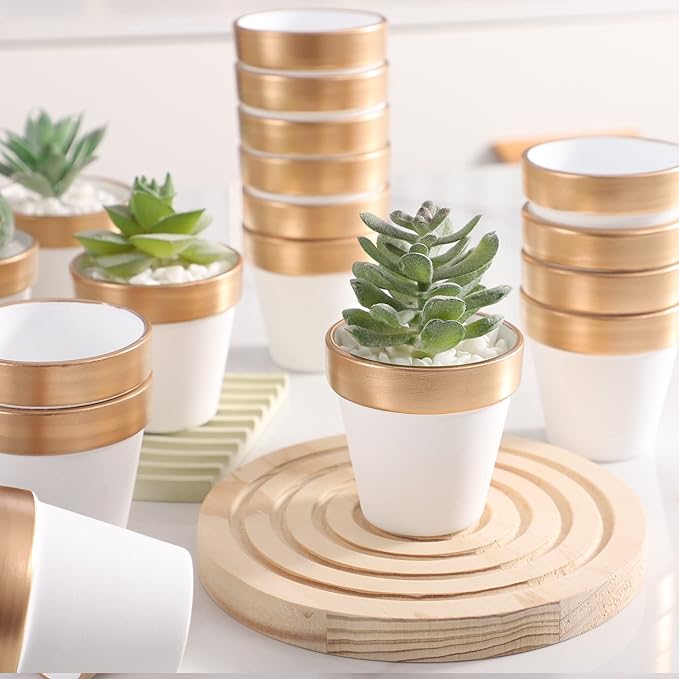 72 PCS Small Mini White&Gold Clay Pots with Drainage Holes,2.5inch Terra Cotta Pot Clay Ceramic Pottery Planter,Succulent Nursery Pot/Cactus Plant Pot,for Indoor/Outdoor Plants, Crafts, Wedding Favor