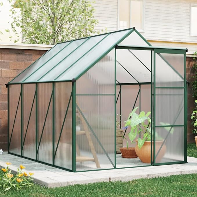 6x8 FT Polycarbonate Greenhouse Raised Base and Anchor Aluminum Heavy Duty Walk-in Greenhouses for Outdoor Backyard in All Season Green