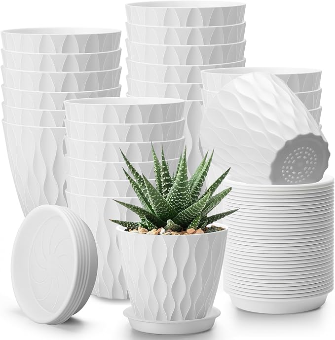 Acellegic 24 Pack 4 Inch Small Pots for Succulents, Waffle Texture Pots with Tray, Plastic Planter with Drainage Holes and Saucers, for Indoor Outdoor Plants Flowers, Seedlings (White)
