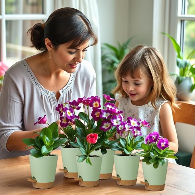 zople 12 Pack 4 Inch Self Watering Plant Pots with Drainage and Saucers，Plastic Flower Pots for Indoor and Outdoor Plants, Nursery Planters for Houseplants and Herbs Green Brown, 4 inch 12pcs