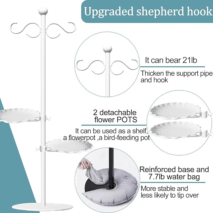Upgraded 74" Shepherd's Hook for Bird Feeder，White Floor Hanging Plant，White Wind Chime Stand, Waterproof Metal & Adjustable-Height Standing Pole Holder for Wreath, Indoor & Outdoor（2 Placement Racks)