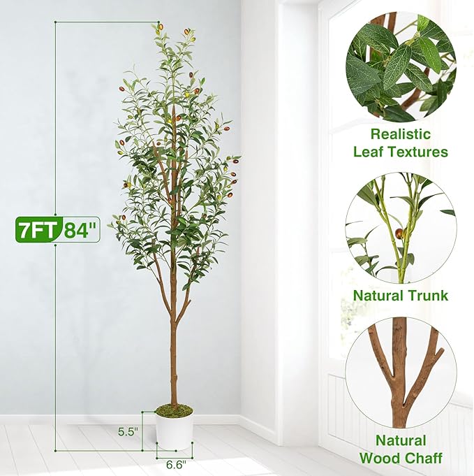 7FT Artificial Olive Tree - Indoor Tall Faux Olive Trees with Planter&Basket, Large Fake Olive Silk Tree Realistic Olive Plants with Branches and Fruits for Home Decor Office Living Room