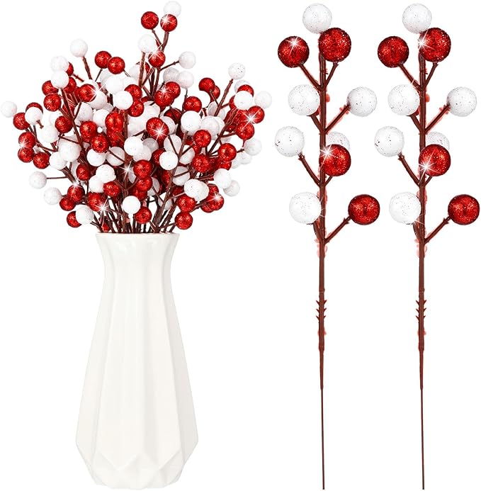 24 Pcs Christmas Glitter Berries Stems, 8.8" H Artificial Christmas Picks for Christmas Tree Ornaments, Holiday Wreath DIY Crafts, Xmas and Home Decor(Red, White)