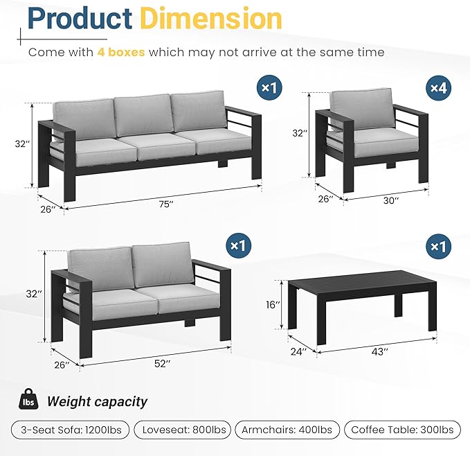 Wisteria Lane 7-Piece Outdoor Patio Furniture Set, Outdoor Sectional Furniture with Upgraded Cushions, Outdoor Conversation Seating Set for Balcony, Garden, Deck, Backyard, Black