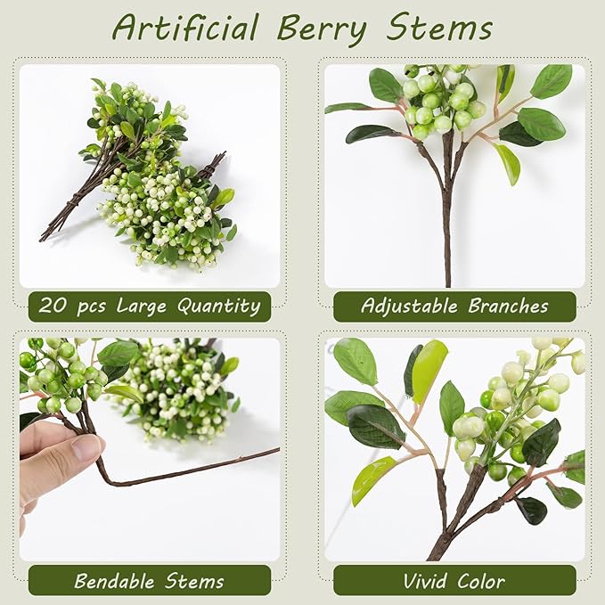 SHACOS Artificial White Berry Stems 20 PCS Pack Fake Berries Branches Spray with Green Leaves 9.8 inch Small Berry Picks for Christmas Decorations Crafts Filler Holiday Home Decor, White
