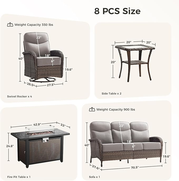 Luxury Patio Furniture Set with Fire Pit Table, Outdoor Furniture Set with High Back Swivel Chairs & 6-inch Thick Cushions, 8 PCS Fire Pit Patio Set for Yard, Deck, Poolside, Brown/Beige