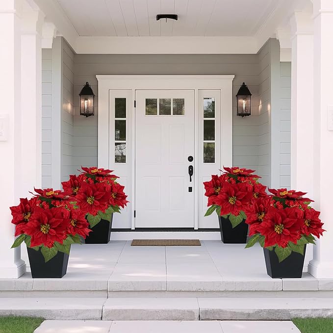 14" Artificial Poinsettias Christmas Plants with Red Berry Fake Poinsettia Flowers in Pot for Home Garden Portch Office Indoor Outdoor Christmas Decorations Red