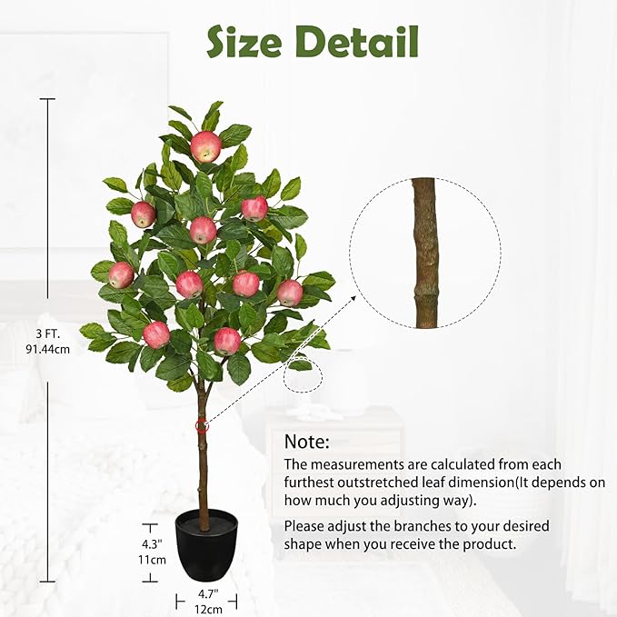 Artificial Apple Tree 3ft Fake Apple Fruits Plant in Pot Large Fake Floor Plants Faux Trees Indoor Apple Decorations for Home Living Room Office