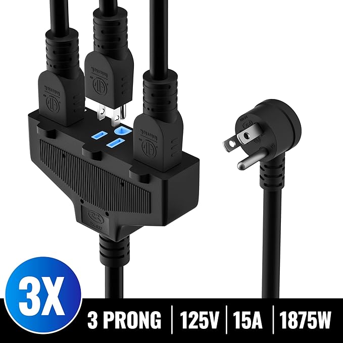 Outdoor Extension Cord 15 Ft with 3 Outlets, 12/3 SJTW 3 Prong Grounded Power Cord, 12 Gauge 12AWG Heavy Duty Power Cable, ETL Listed, 15 Amp 125 V 1875 W-Multiple Outlets for Indoor/Outdoor-Black