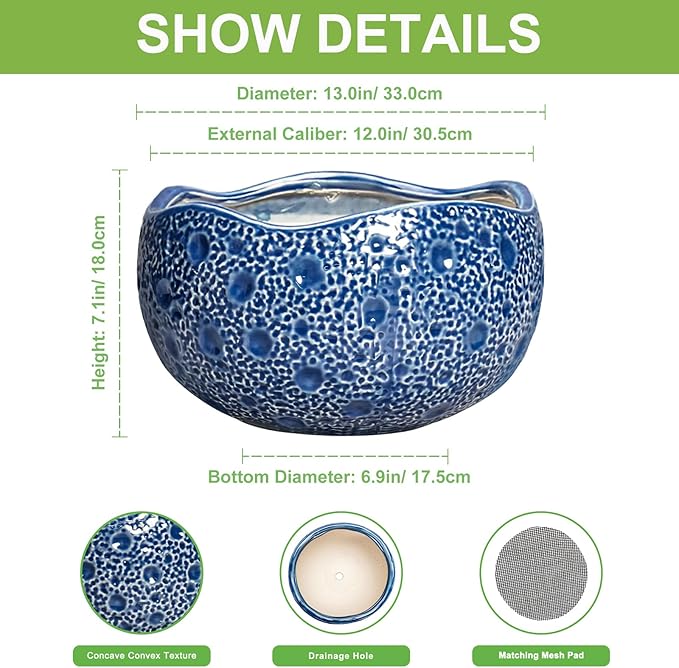 Thirtypot Bonsai Tree Pot - 13 Inch Large Ceramic Pots for Plants Indoor Outdoor, Round Planter, Decorative Flower Pot with Drainage Hole, Modern Unique Planter, Garden Decor Home, Garden Gifts, Blue