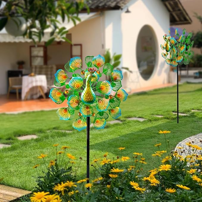 VEWOSTAR Peacock Wind Spinners Outdoor,13” Metal Wind Spinner Garden Pinwheels,360°Peacock Wind Sculptures & Spinners,Kinetic Wind Spinners for Yard and Garden(13.8”W X 64.2”H)