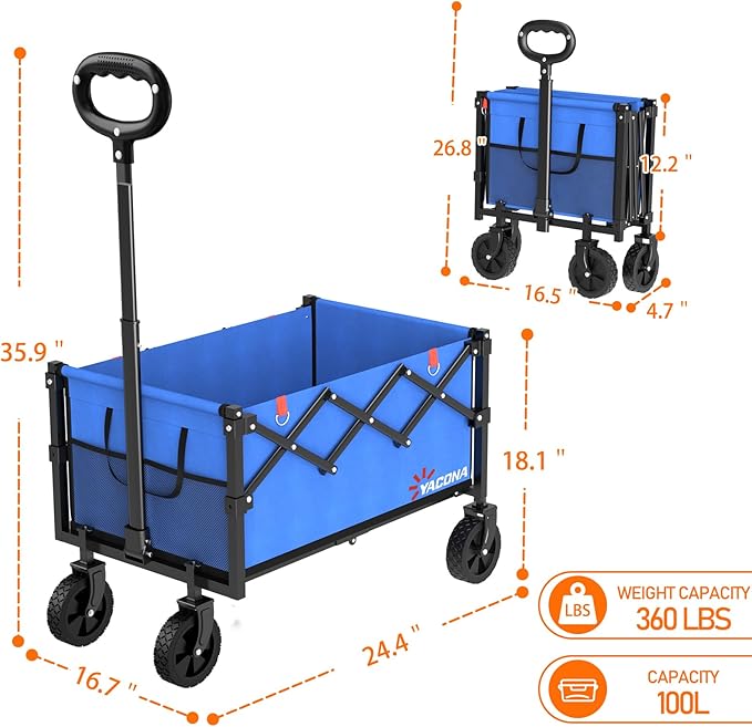 Wagons Carts Foldable, Lightweight Portable Utility Shopping Cart with Wheels, Folding Grocery Wagon Cart for Grocery, Camping, Shopping, Beach, Garden, Sports Blue