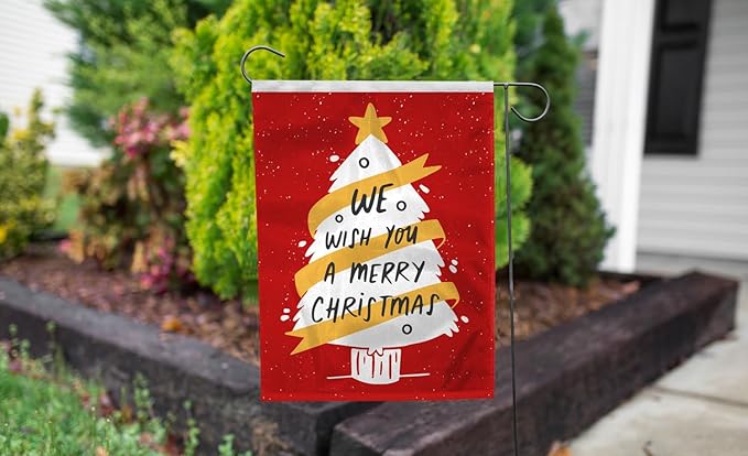 AGAS We Wish you a Merry Christmas Tree Garden Flag 12 x 18 Inch - Small Christmas Flags for Outside, New Year Decorations, Holiday Garden Flags for Outside - No Pole Included