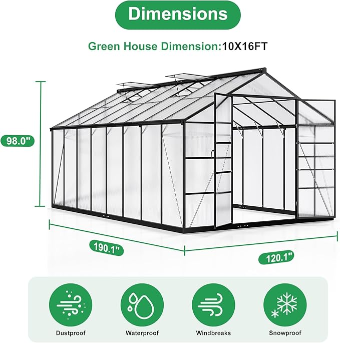 WKM 10x16 FT Greenhouse for Outdoors, Walk-in Polycarbonate Greenhouse with Roof Vent and Quick Setup Structure, Heavy Duty Green House for Outside Garden Backyard, Black