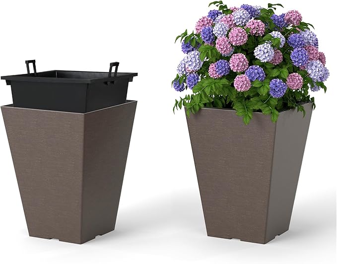 Giantex Square Taper Planter Set of 2, Self-Watering Flower Pots with/Removable Inner Bucket & Drainage Holes, Indoor Outdoor Decorative Plant Container for Porch Balcony (Brown,10"x10"x14")