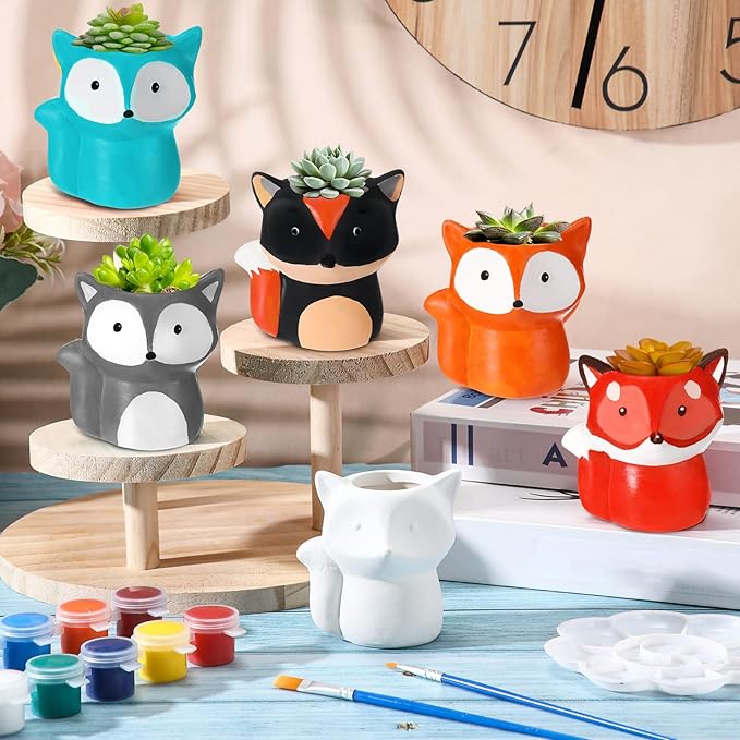Pasimy 6 Set Ceramics to Paint DIY Ceramic Succulent Planter Pots Paint Your Own Flower Pots Craft Kit Unpainted Bisque Flowerpot with Brush Palette for Family Activity Holiday Gifts(Fox)