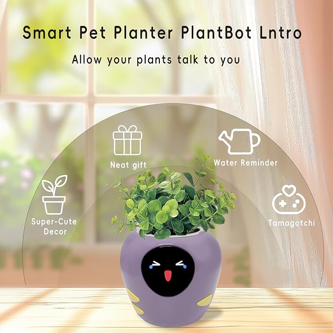 Odpaltoy Smart Plant Pot with Expression, AI Intelligent Flower Pot for Indoor Decoration, Smart Garden Pot with Water/Light/Temperature Sensors, Ivy AI Planter (Purple（Big）)
