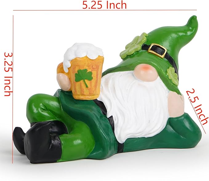 Hodao St. Patrick’s Day Gnome — Hand-Painted Resin Lounging Leprechaun with Beer Mug & Shamrock | Lucky Green Home, Bar & Party Decor, Fun Gift