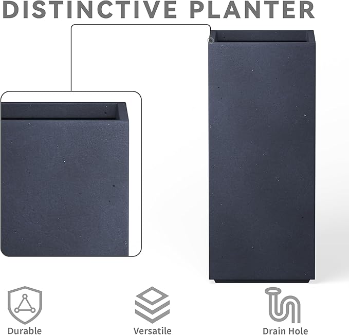 Kante 23.6" H Tall Rectangular Concrete Planter, Modern Square Diameter Plant Pot with Drainage Hole and Rubber Plug for Indoor Outdoor Home Patio Garden, Charcoal
