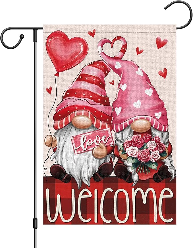 Valentines Day Gnomes Garden Flag 12x18 Inch Double Sided，Flower Love Hearts Welcome Small Burlap Yard Flag for Home Outside Holiday Decoration