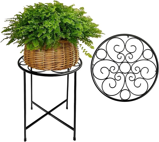 ZEECER Plant Stand Outdoor Indoor 15'' Tall Set of 1, Retro Design Single Rust-proof Coated Round Metal Plant Stand Flower Stands for Indoor Plants Patio Garden Home Decor