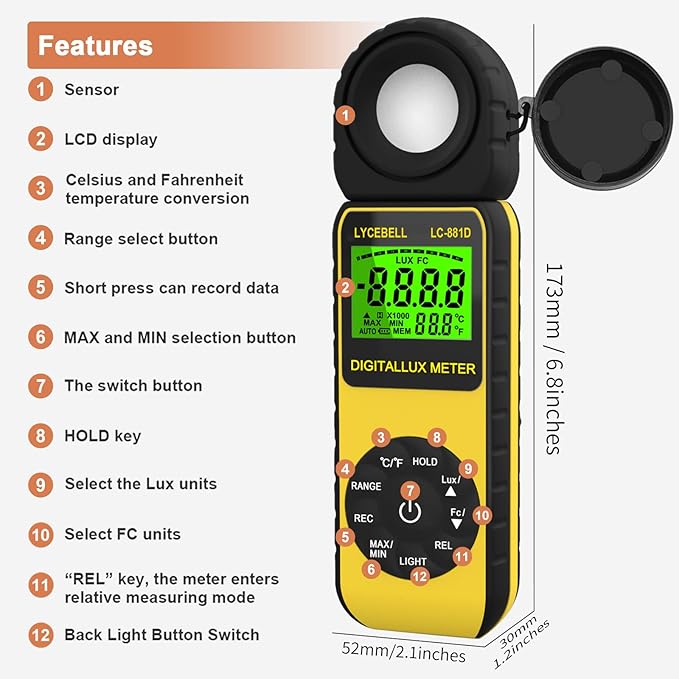 LYCEBELL Digital Illuminance Light Meter, LC-881D Luxmeter Range up to 400,000 Lux with 270º Rotated Date Hold Max/Min Backlit for Photography Plant LED Light