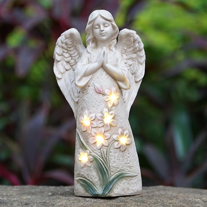 Roundot Garden Angel Statues Outdoor Decor 9.6 inches 6 LED Lights Solar Outdoor Sculptures for Outside Yard Art Patio Balcony Front Lawn Ornaments Gifts for Mom Grandma Women