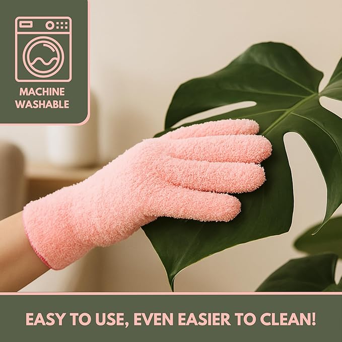 Mossify Microfiber Gloves for Plant Dusting – Reusable & Washable Plants Leaf Cleaning Gloves for Houseplants & Indoor Gardening, Soft & Absorbent Plant Dusting Glove for Windows, Dust Mitt - Pink