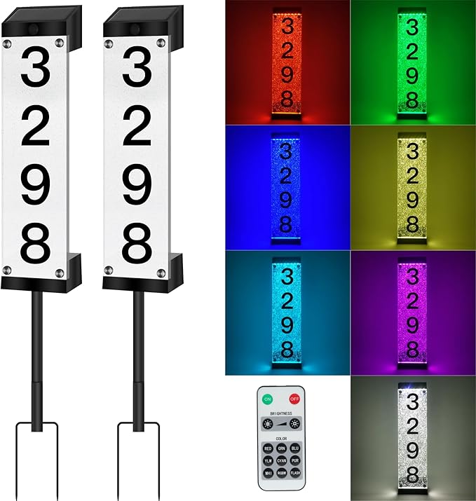 Solar House Numbers for Outside,LED Illuminated Outdoor Solar Address Sign, Acrylics Solar Address Sign with Iron Stakes,Lighted Modern Address Plaque Solar Powered for Street Yard Home（2PCS）