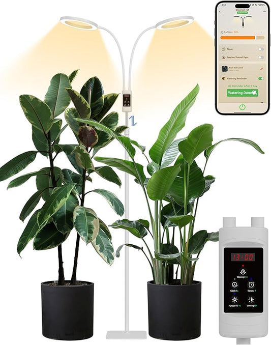 GLOWRIUM Smart Grow Lights for Indoor Plants, 48W Full Spectrum Plant Lights with Bluetooth App, Adjustable Height 47-70.9", Auto Timer, Indoor Plant Lamp for Large Tall Plants（White 48W）