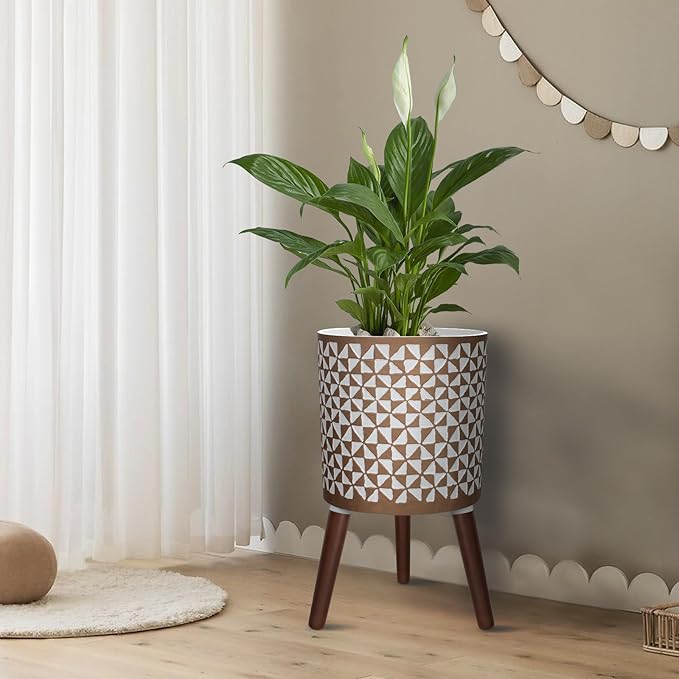 Opnons 12 Inches Plant Pot with Stand, Large Modern Standing Planters for Indoor Outdoor Plants with Drainage Holes, Big White & Gold Flower Pots with Legs