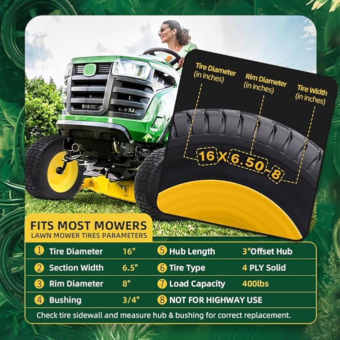 16x6.50-8 tire and wheel Flat Free Assemblies (2 Pack), Lawn Mower Tires with Rim, Solid Rubber Riding Lawn Mower Tires and Wheels,3" Offset Hub,3/4" Bushings,16x6.5-8 Tractor Turf Tire