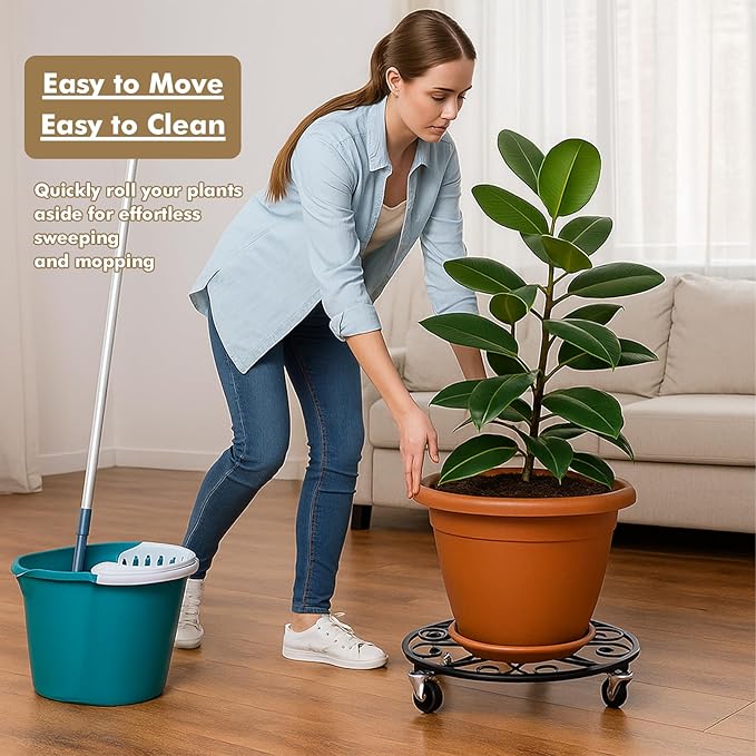 4 Pack Plant Caddy with Wheels 16 Inch Rolling Plant Stand for Large Plants Heavy Duty Plant Rollers Metal Plant Dolly Rustproof Planter Stand Wrought Iron Plant Stands Flower Cart Indoor Outdoor