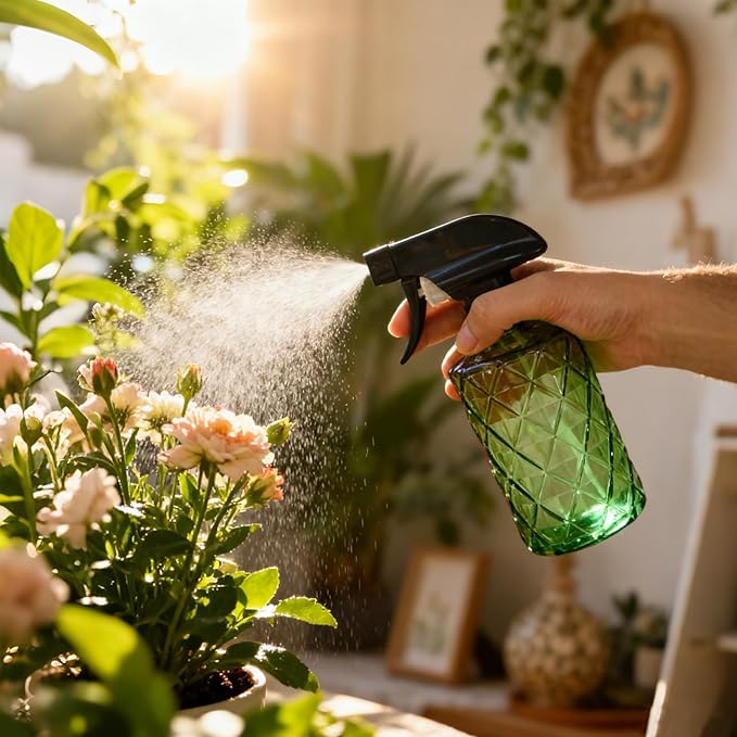 Green Glass Plant Mister Bottle, 12oz Refillable Water Spray Bottle with Adjustable Mist Nozzle for Indoor Flowers, Outdoor Gardening, Cleaning, Hair and Pets Care
