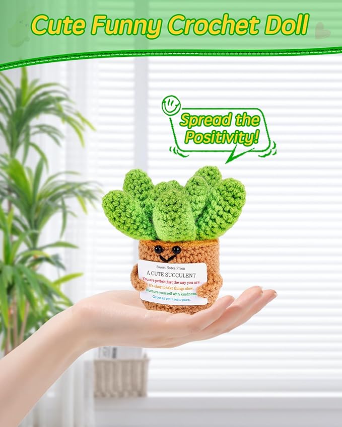 JELUTAR Crochet Positive Succulent Plant Thank You Gifts for Birthday Easter Mother's Day, Emotional Uplifting Gifts for Women Men Mom Dad Friends Wife Coworkers Cute Funny Decors (Cute Succulent)