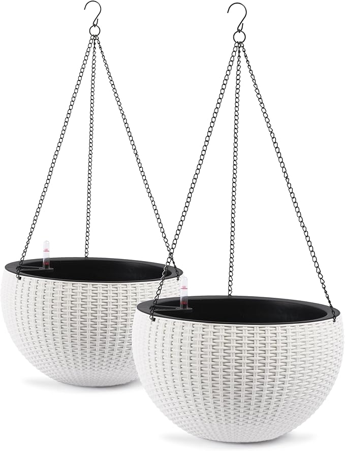 Vigo huseeo 13.5 inch 2Pack Large Hanging Planters for Outdoor/Indoor Plants, Self Watering Hanging Pot with Water Level Indicato, Drainage Holes and Chain for Garden Porch, White