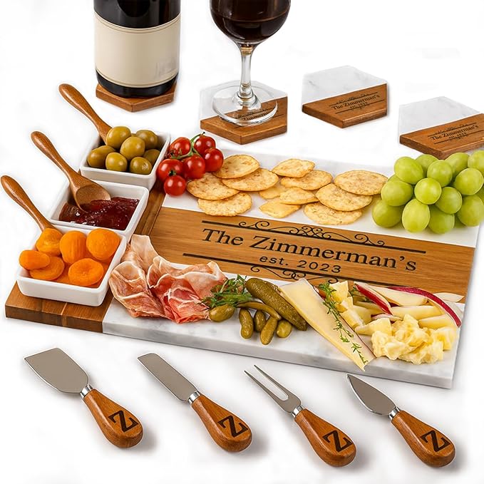 Personalized Charcuterie Board Set, Custom Engraved Marble Cheese Board with Knife Set, Wedding Gift for Couples, Monogrammed Bridal Shower & Housewarming Gift