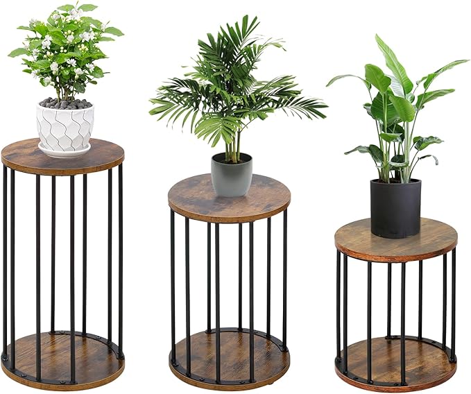 Leinade Plant Stand Indoor,small plant stool,Flower Pot Corner stand holder,Mid Century Heavy Duty Metal Tall Home Decor,Modern Round End Table,Small Rustic Display Stand for Living Room,Bedroom (Brown,3 Packs)