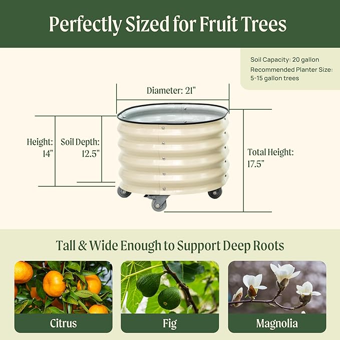 Rolling Metal Citrus Tree Planter Pot, 21″ Round Planter Box for Porch Patio & Backyard, 20 Gallon Large Planter Pot with Wheels for Growing Trees Tomatoes Vegetables and Flowers, Olive Green