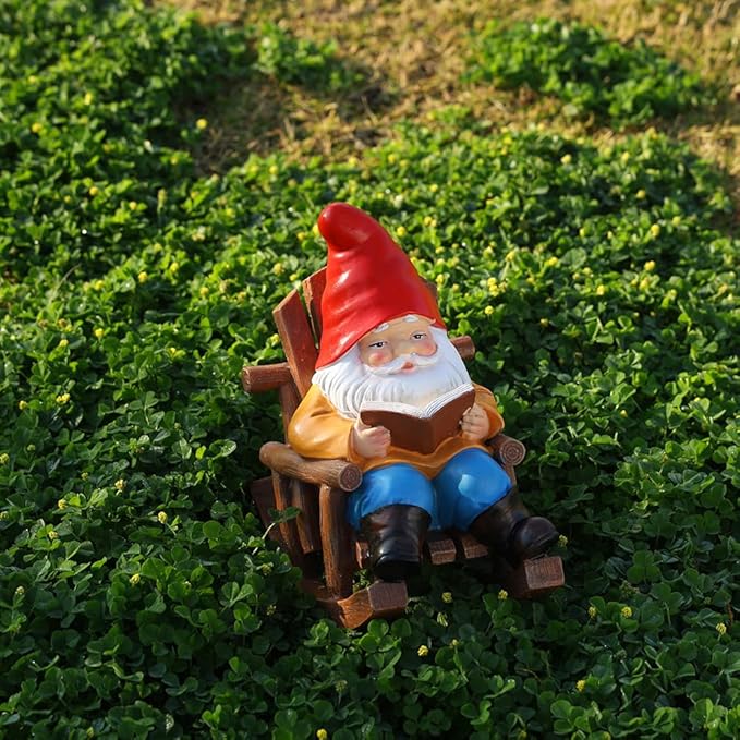 Garden Gnome Reading in Rocking Chair, Resin Decorative Statue, 7.2x6.2x4.3 inches