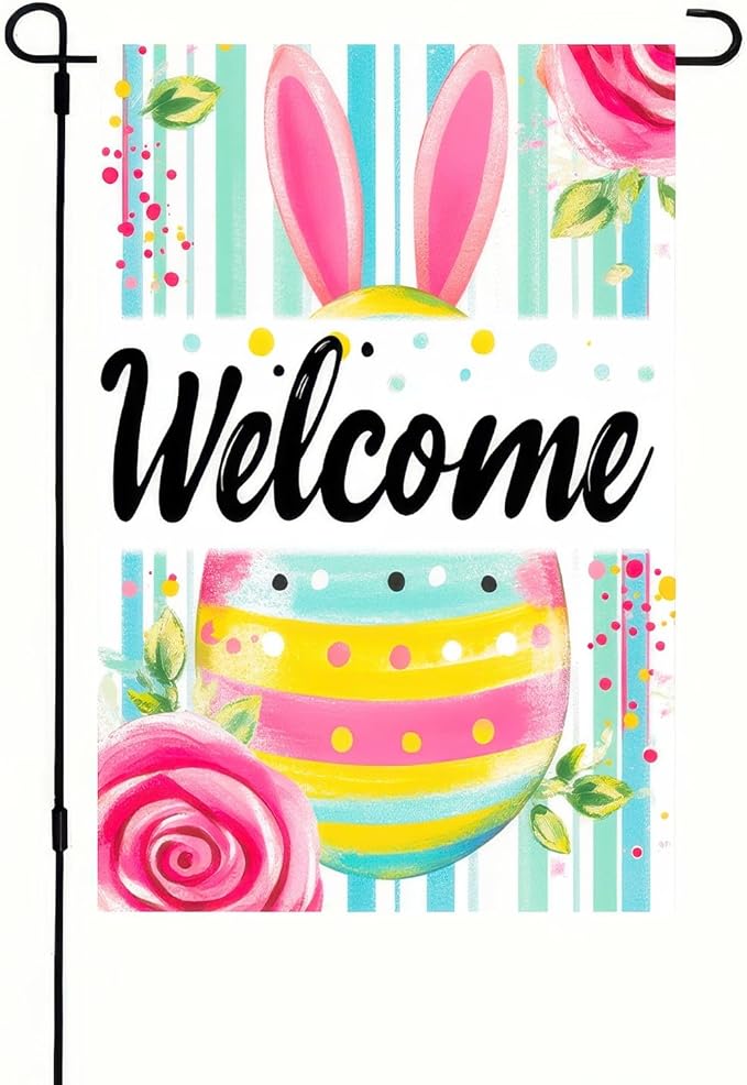Happy Easter Garden Flag 12x18 Inch Double Sided Welcome Sign Colorful Eggs Yard Flag Outdoor Home Decoration Flag Seasonal Spring Decor for Farmhouse Holiday