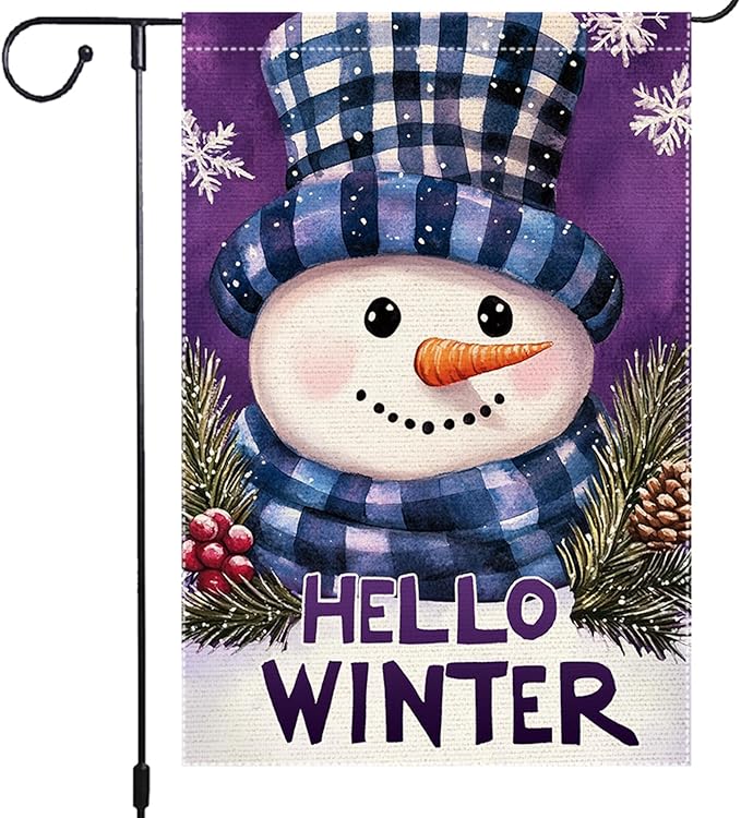 Winter Garden Flag 12x18 Inch Double Sided Small Burlap Outdoor Seasonal Decoration Cute Snowman Design with Plaid Hat and Scarf Hello Winter Welcome Flag for Yard Patio Front Porch