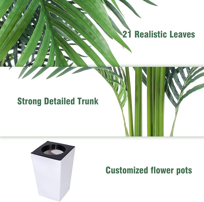 Artificial Palm Tree with White Tall Planter, 7ft Tall Potted Artificial Silk Palm Tree Plant, Fake Tropical Plant, Home Office Floor Room Decor Plants Indoor Outdoor, Housewarming Gift