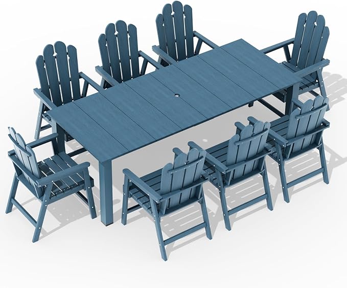 9-Piece Patio Dining Set, Outdoor Dining Set for 8, Large HDPE All-Weather Outdoor Furniture with 89.57” Umbrella Hole Table, 8 Armchairs, Navy