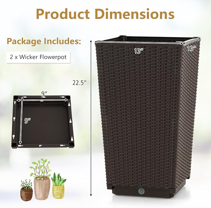 Giantex Outdoor Wicker Flower Pot Set of 2, 22.5 Inch Tall Planters with Drainage Hole, Self-Watering Tray, Rattan Flower Pots, Indoor Outdoor Planter for Porch Door Front Balcony Entryway (Brown)