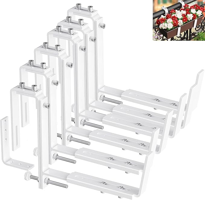 Y&M 6 PCS Adjustable Window Box Brackets for Planter Box, Heavy Duty Wall Mounted Hooks Hangers for Flower Baskets Holder White Steel Mounting Durable, Suitable for Fence Pergola Patio Garden Balcony