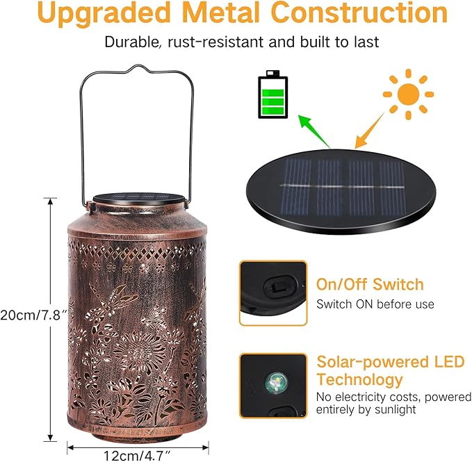 OUTONLIFE Dragonfly Outdoor Solar Lanterns, Waterproof Metal Hanging Solar Lights for Outside Yard, Garden, Patio, Lawn, Pathway Decorations, Birthday Gifts for Women Mom Grandma