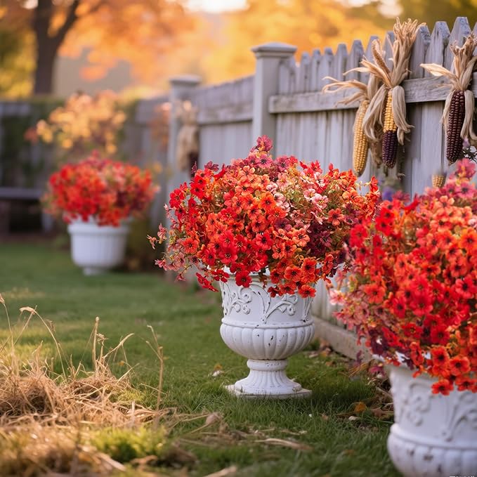 Grunyia 20 Bundles UV Resistant Artificial Fall Flowers - Fake Autumn Plants for Autumn Indoor Outdoor Garden Patio Fireplace Window Box Kitchen Home Decor (Fall Orange Mix)