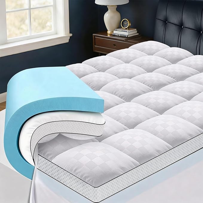 King Size Dual Layer 4 Inch Memory Foam Mattress Topper, 2 Inch Gel Memory Foam and 2 Inch Pillow Top Mattress Pad Cover, Thick Soft Bed Topper Medium Support for Back Pain, White